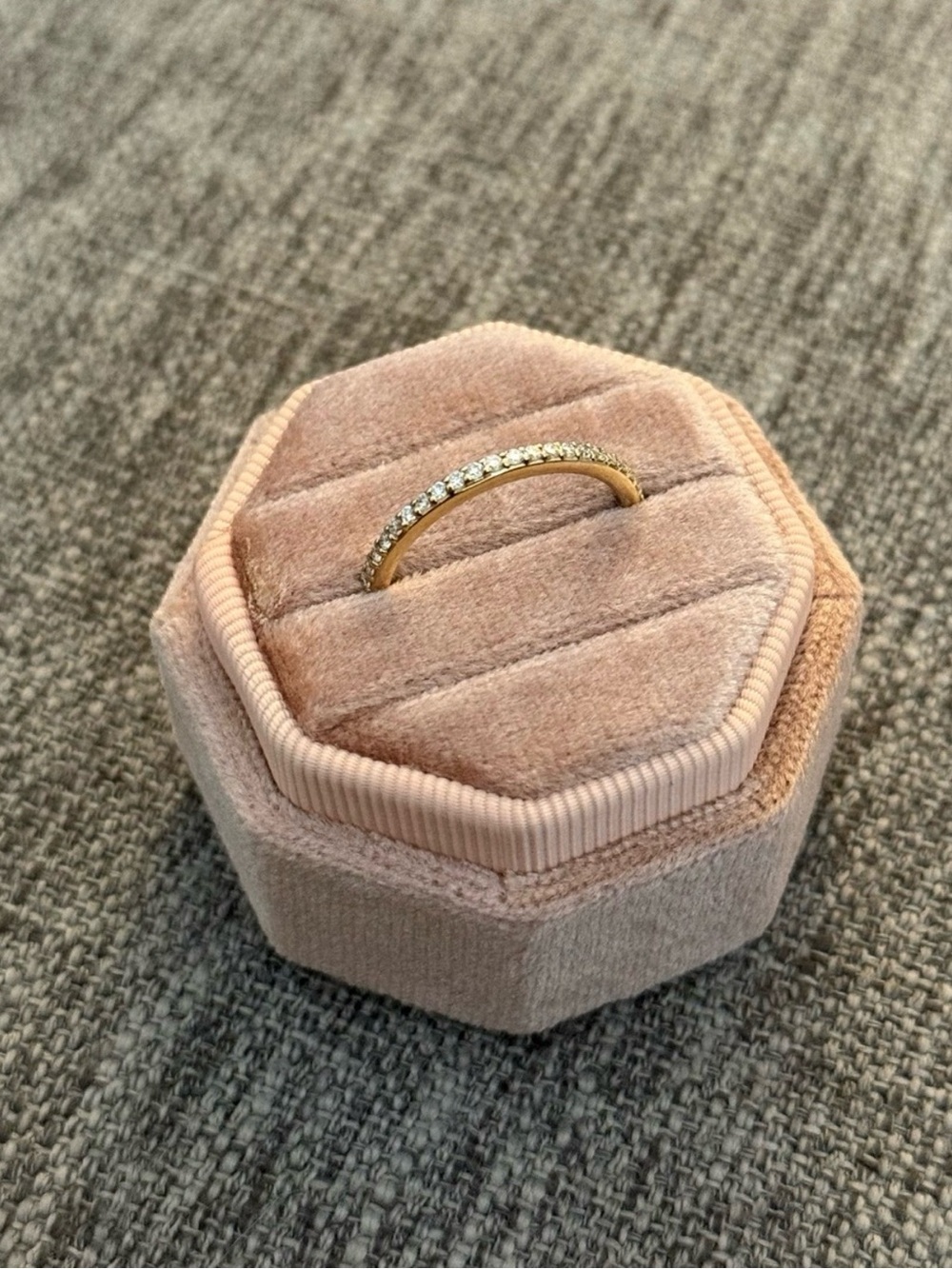 14K gold half-eternity band featuring delicate pavé lab grown diamond accents